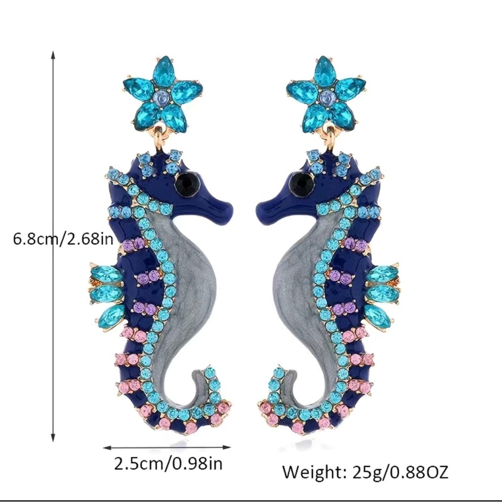 Seahorse Earrings Blue Enameled Rhinestones - Picture 4 of 6
